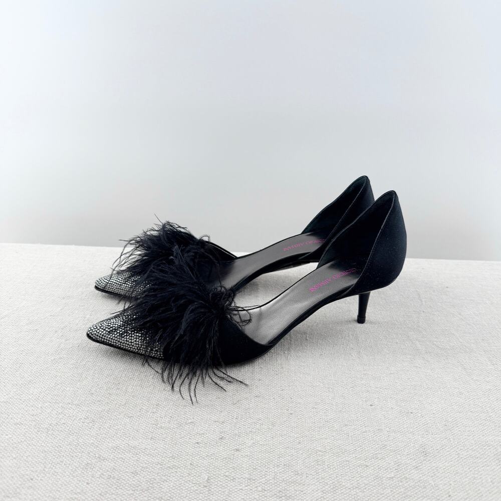Armani Low Heel Satin Pumps with Rhinestones and Feathers Black Women's EU 37.5